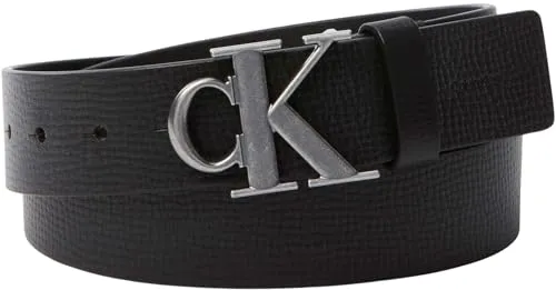 Calvin Klein Herren Gürtel 4,0 cm Fixed mit Monogramm-Schnalle, Schwarz (Black/Antique Silver), 135 cm