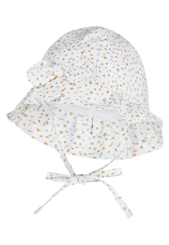 Sterntaler Hut Blümchen – Sonnenhut aus Baumwolle mit Blumen-Print, Schleife, Bindeband, Größenregulierung, gefüttert mit Bio-Baumwoll-Batist, UV-Schutz 50+ – Weiß, Größe 43