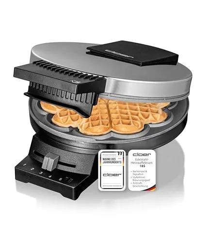 Cloer 185 Waffeleisen für eine Herzwaffel mit 16 cm Durchmesser, Herzwaffeleisen mit Doppelbeschichtung, schweren Backplatten, stufenlosem Bräunungsgrad, Backampel & Signalton, Edelstahl, 930 W, Chrom