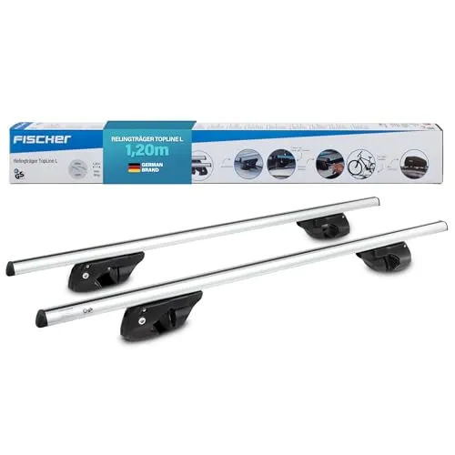 FISCHER Relingträger Topline L, für Fahrradträger, Dachboxen oder als Skihalter, für offene Dachrelinge, Aluminium, Tragkraft 90 kg, vormontiert, inklusive Schloss, Barrenstärke 45 x 28 mm, Barrenlänge 120 cm