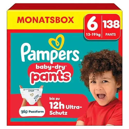 Pampers Baby-Dry Pants Größe 6, 138 Windeln, 13kg-19kg, 360° Passform hilft, Auslaufen zu verhindern
